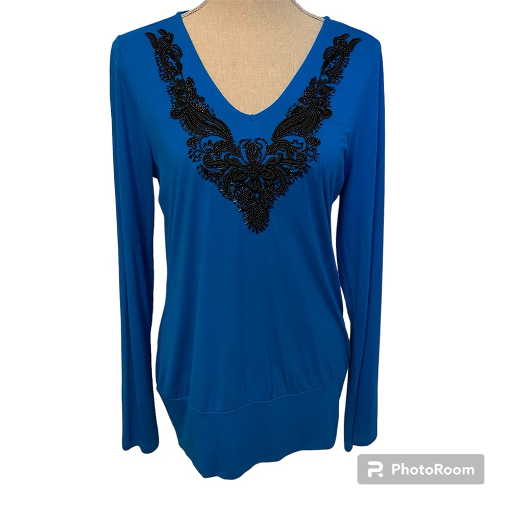CACHE TOP TURQUOISE BLUE STRETCH LONG SLEEVE TEE BLACK BEADED V-NECK Size M
